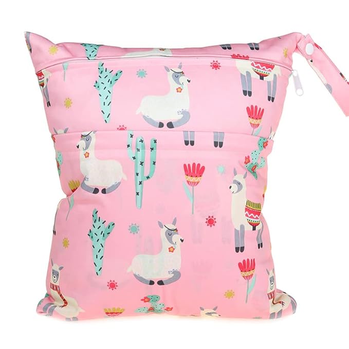 2 Wet Bags With Two Zippered Pockets Reusable Diaper Nappy For Girls (Pink Horse)