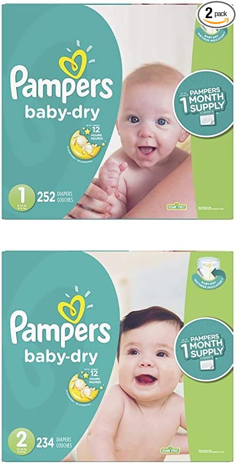 Pampers Bundle - Baby Dry Disposable Baby Diapers Sizes 1, 252 Count & 2, 234 Count (Total 2 Month Supply) with Pampers Sensitive Water-Based Baby Wipes, 12 Packs of 72, 864 Count