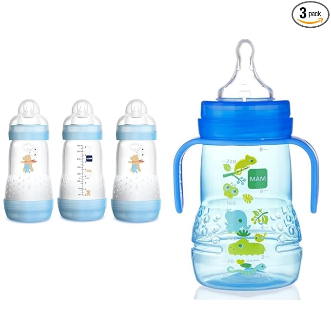 MAM Easy Start Anti-Colic Bottle 9 oz (3-Count), Baby Essentials & Plastic Trainer Cup (1 Count), Trainer Drinking Cup with Extra-Soft Spout, Spill-Free Nipple