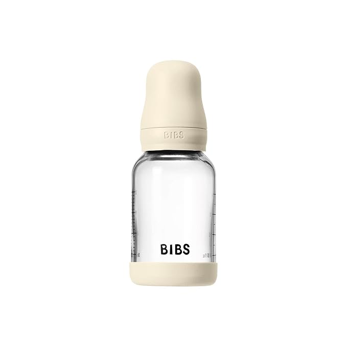 BIBS Baby Glass Bottle. 4 US fl oz / 120 ml. Anti-Colic. Vented Round Natural Rubber Latex Nipple. Supports Natural Breastfeeding, Slow Flow, Complete Set - Ivory