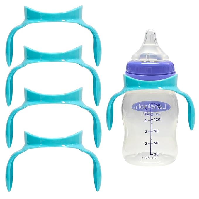 Baby Bottle Handles Compatible with Lansinoh Baby Bottles, Ergonomic Bottle Holder for Newborn, 4 Pack (Blue)