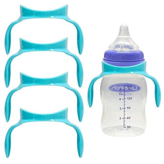 Baby Bottle Handles Compatible with Lansinoh Baby Bottles, Ergonomic Bottle Holder for Newborn, 4 Pack (Blue)