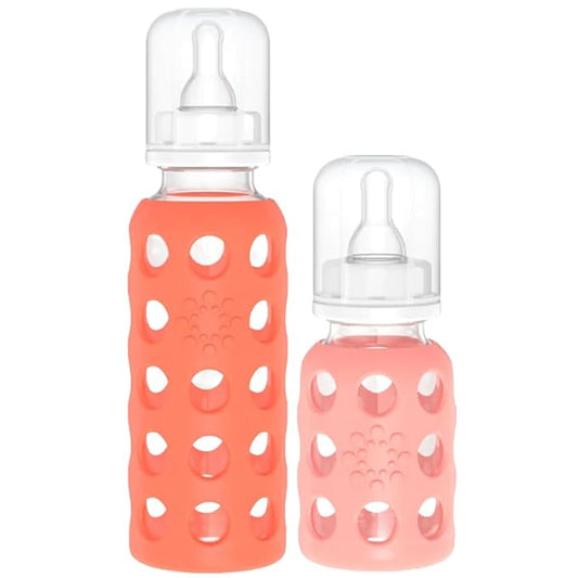 Lifefactory Glass Baby Bottle BPA Free | Protective Silicone Sleeve | 4oz/9 oz Pack of 2 | Papaya, Cantaloupe
