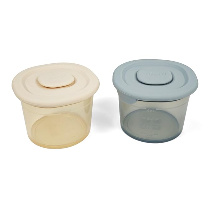 Ali+Oli Silicone Baby Food Containers (4oz) 2-pk Reusable Leakproof Snack Storage with Airtight Lids – Freezer & Microwave Safe for Infant and Kids Meals (Sky-Khaki)