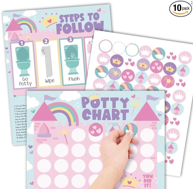 Hadley Designs Potty Training Chart for Toddlers Girls -10 Sticker Potty Chart for Toddlers Girls, 8.5x11" Potty Training Sticker Charts for Toilet Success, Princess Toddler Reward Chart for Kids