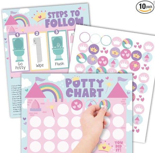 Hadley Designs Potty Training Chart for Toddlers Girls -10 Sticker Potty Chart for Toddlers Girls, 8.5x11" Potty Training Sticker Charts for Toilet Success, Princess Toddler Reward Chart for Kids
