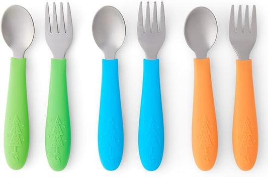 Elk and Friends Kids Silverware with Silicone Handle | Childrens Safe Flatware | Toddler Utensils | Baby Spoons + Forks | Stainless Steel Cutlery | Dishwasher Safe | 6 Pieces