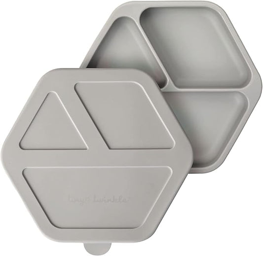 Tiny Twinkle Silicone Suction Baby Plate, Suction Grip Divided Dish for First Foods and Self-Feeding Toddlers, Baby Led Weaning Supplies for Independent Eating (Grey Plate with Lid)