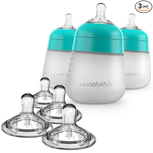 Nanobebe Silicone Baby Bottles 9oz 3pk Teal Bundled with Silicone Baby Bottles Nipples 4pk Medium Flow