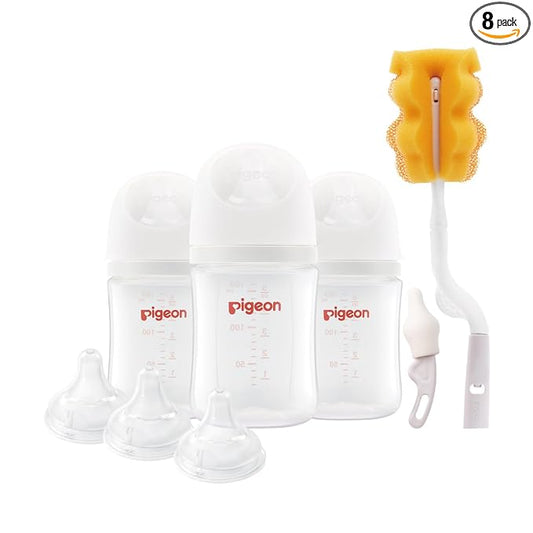 Pigeon Newborn Baby Bottle Feeding Gift Set, Nurture & Nest, Anti-Colic Wide Neck Bottles with Latch-On Silicone Nipples, 3 Bottles (5.4 Oz), 3 Stage 2 Nipples, 1 Bottle Brush and 1 Nipple Brush