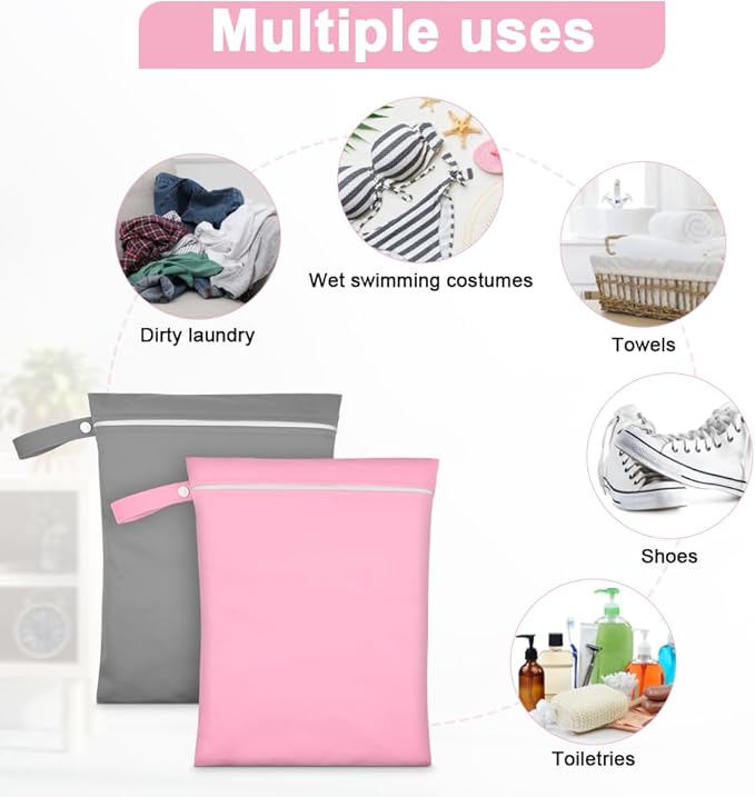 2PCS Wet Bags, Reusable Cloth Diaper Bags with Handle and Zipper, Lightweight Waterproof Travel Laundry Bag, Washable Wet Dry Bag for Baby Items Travel Beach Swimming Gym Camping(Grey&Pink)
