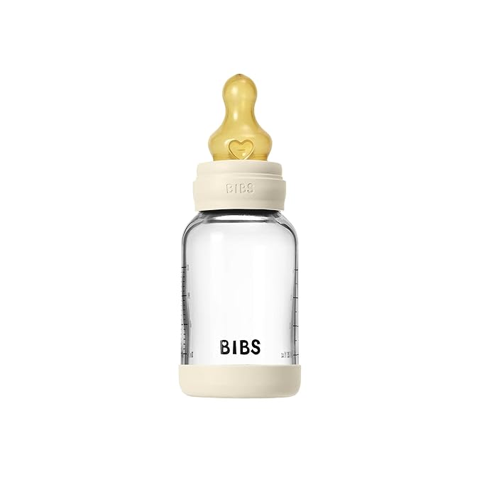 BIBS Baby Glass Bottle. 4 US fl oz / 120 ml. Anti-Colic. Vented Round Natural Rubber Latex Nipple. Supports Natural Breastfeeding, Slow Flow, Complete Set - Ivory