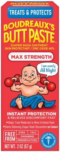Boudreaux’s Butt Paste Diaper Rash Ointment, Baby Rash Cream Skin Protectant, Fast Relief for Diaper Rash, Soothing Barrier Cream, Maximum Strength, 2 Ounce Tube (Pack of 3)
