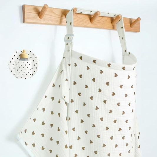 Muslin Nursing Covers for Breastfeeding, Arch Neckline Breast Feeding Covers for Women, Moms Privacy Breathable Summer Nursing Apron, Enlarged Soft Feeding Cover (Beige Khaki Heart)