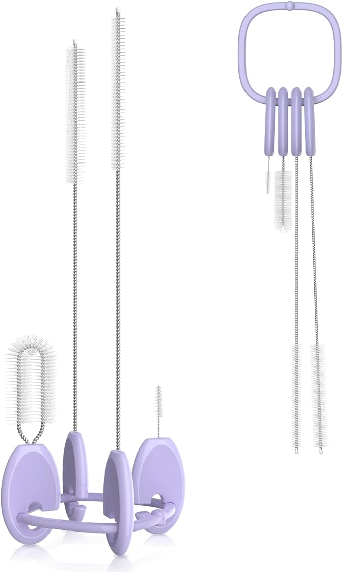 YOTIME 4in1 Straw Cleaner Brush Set, Reusable Standing Straw Brushs with Holder Ring, for Wide and Narrow Straws, Tumblers, Water Bottles and Cups, Purple