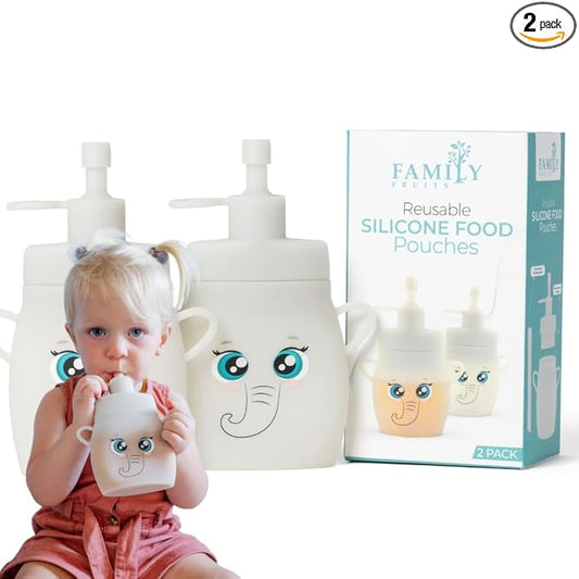 BPA Free, Silicone, Reusable Pouches for Toddlers 2 Pack Elephants, Easy to Clean Fill, Reusable Baby Food Pouches, Homemade Organic Smoothie, Puree, Applesauce, Yogurt, Refillable Food Pouches