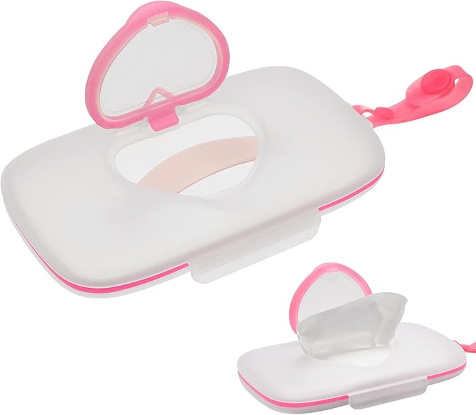 Portable Wipe Box Compact Wet Wipes Dispenser for Travel Refillable Container with Silicone Seal for Diaper Bag Pink