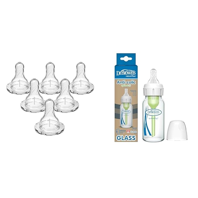 Dr. Brown's Natural Flow Level 1 Slow Flow Silicone Nipple and Anti-Colic Narrow Glass Baby Bottle Bundle, 6 Count