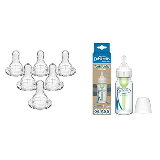 Dr. Brown's Natural Flow Level 1 Slow Flow Silicone Nipple and Anti-Colic Narrow Glass Baby Bottle Bundle, 6 Count