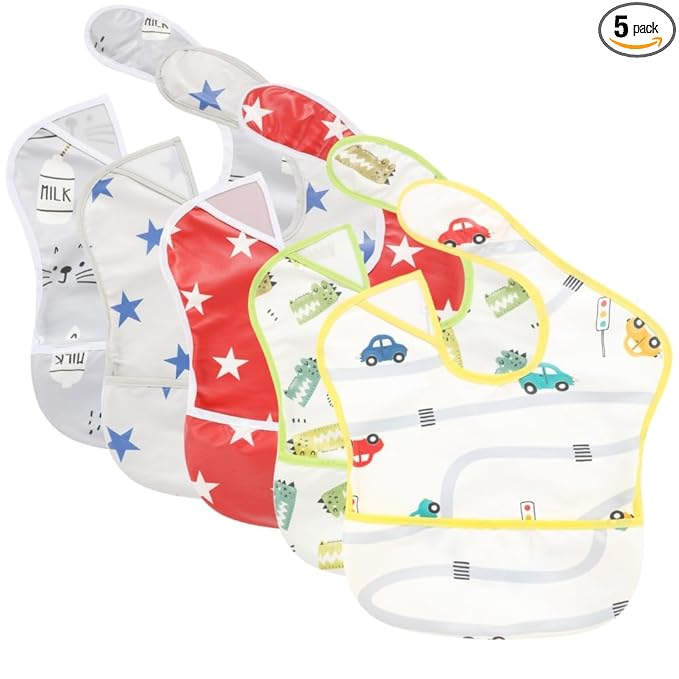 TSD Baby Bibs Waterproof Feeding Bibs 5pack Adjustable Mealtime Poctet Bib for Newborn Toddler Infant Easy Clean Durable Baby Essentials Shower Gift