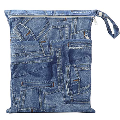 2 Wet Bags Waterproof With Two Zippered Pockets For Cloth Diapers (Jeans and Rainbow)