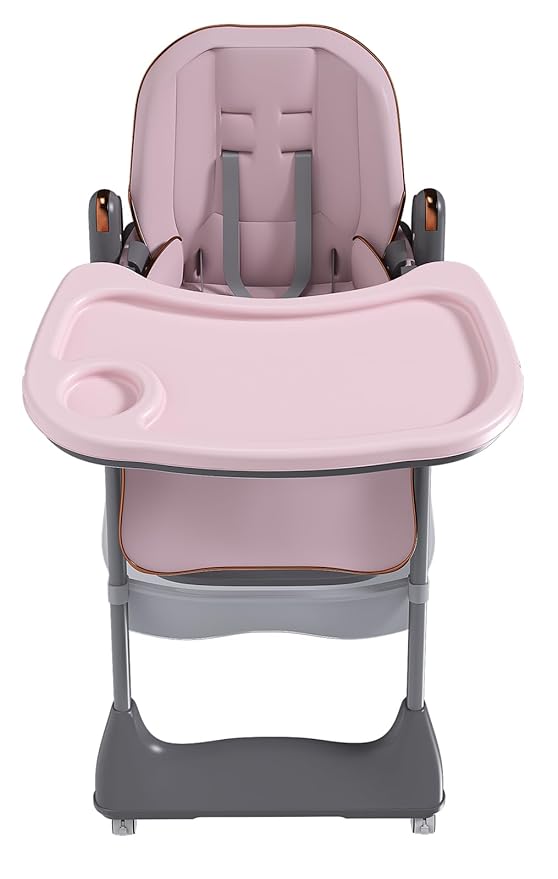 Portable High Chair, High Chairs for Babies and Toddlers, Adjustable Baby Chair, 5 Height & 3 Recline Adjustable Locking Wheels with Removable Double Tray and Safety Belt, Pink