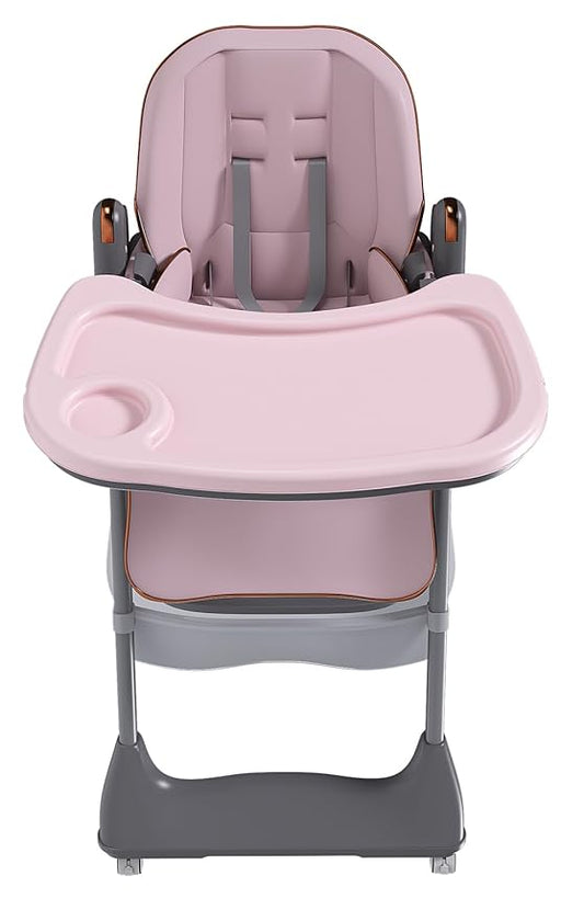 Portable High Chair, High Chairs for Babies and Toddlers, Adjustable Baby Chair, 5 Height & 3 Recline Adjustable Locking Wheels with Removable Double Tray and Safety Belt, Pink
