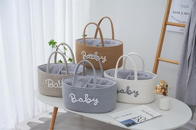 Diaper Caddy Organizer, Cotton Rope Baby Storage Basket, Nursery Diaper Organizer With Divider, Portable Diaper Storage - Hemp Yellow