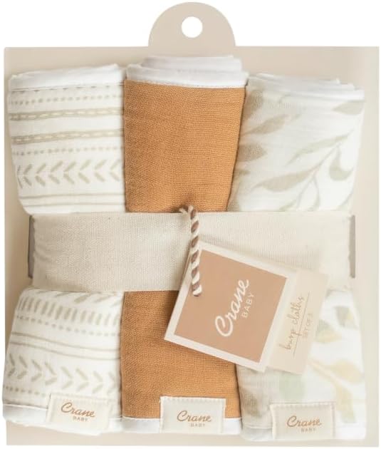 Crane Baby Willow 3-Piece Cotton Burp Cloth Set, 2 Prints, 1 Solid - Essential for Toddlers, Ideal for Nursery or On-The-Go