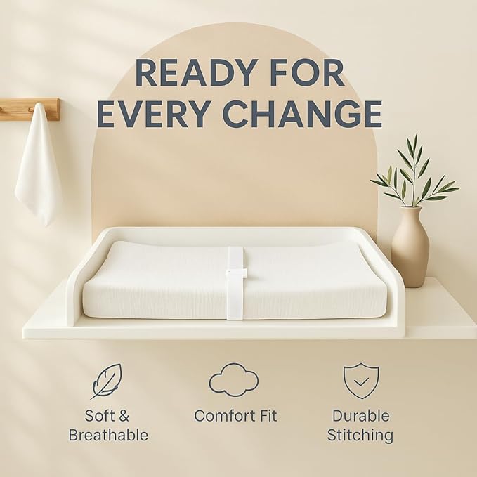 Muslin Changing Pad Cover 2 Pack, Soft Baby Changing Pad Covers, Stays in Place, Fits Standard 32x16 Inches Changing Pads, No Shrink, Perfect for Baby Girls (White)