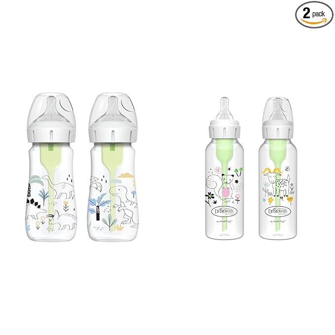 Dr. Brown's Anti-Colic Options+ Wide-Neck 9oz & Narrow 8oz Baby Bottles, Dino Decos & Squirrel & Goat, Level 1 Nipples, 0m+, 2-Packs