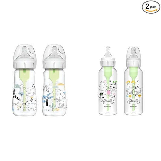 Dr. Brown's Anti-Colic Options+ Wide-Neck 9oz & Narrow 8oz Baby Bottles, Dino Decos & Squirrel & Goat, Level 1 Nipples, 0m+, 2-Packs