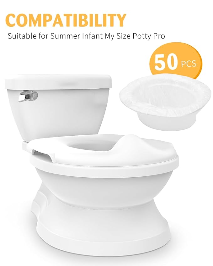 50 Pcs Potty Liners for Summer Infant My Size Potty Pro - Disposable Potty Bags with Elastic Fit, Leakproof & Easy Clean, Fits Most Potty Chairs, Travel Potties, Portable Toilets, 18×8 Inches