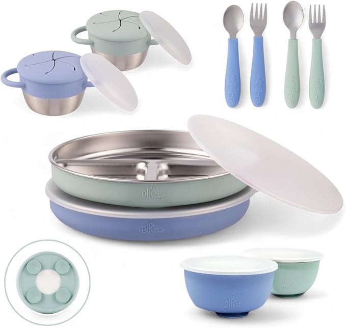 Elk and Friends Kids Stainless Steel Mealtime Bundle | Plates, Bowls, Snack Cups + Toddler Utensils | Silicone Suction Sleeves + Travel Storage Lids | For Meals + Snacks | Dishwasher Safe