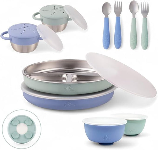Elk and Friends Kids Stainless Steel Mealtime Bundle | Plates, Bowls, Snack Cups + Toddler Utensils | Silicone Suction Sleeves + Travel Storage Lids | For Meals + Snacks | Dishwasher Safe