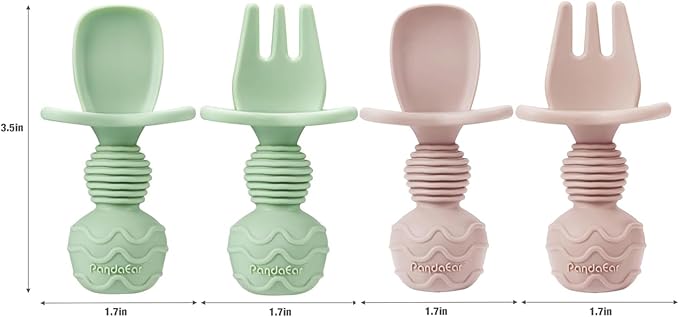 PandaEar 2 Pack Stainless Steel Baby Suction Bowls & 4 Pcs Silicone Baby Utensils Set, Non-Slip Toddler Food Bowls with Silicone Sleeve & Anti-Choke Spoon Fork Set for Babies Led Weaning