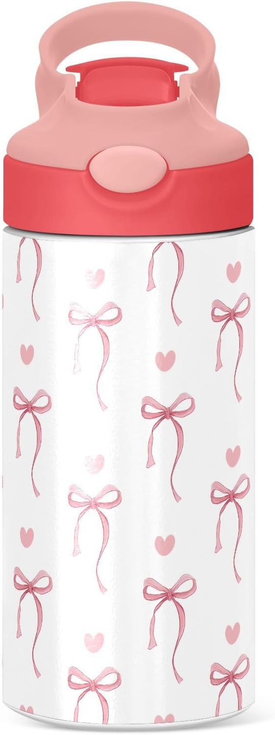 Pink Ribbon Bow Kids Water Bottle with Straw and Carry Handle Heart Bow Tie White Cute Vacuum Insulated Stainless Steel Bottles Leak-Proof for Boys Girls Toddler 12 oz Pink Lid
