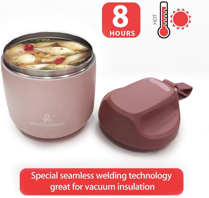 Primo Passi Insulated Food Jar for Kids & Babies – 12 oz /350 ml Stainless Steel Thermal Food Container with Easy-Open Lid & Silicone Carry Strap – Keeps Food Hot or Cold for Up to 8 Hours, Light Pink