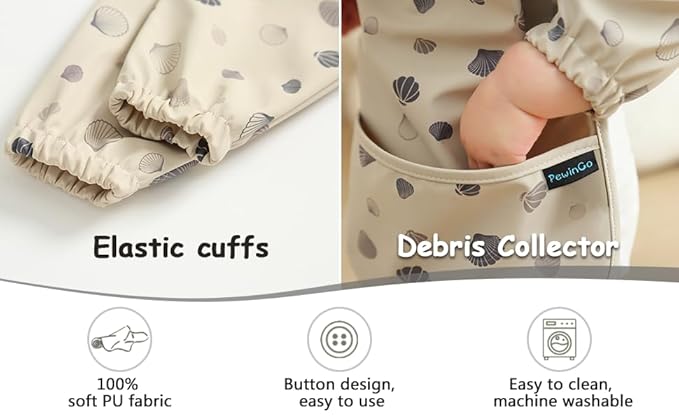 Baby Bib with Long Sleeves Bib & BLW, Machine Washable & Soft and Skin-Friendly Material, Coverall Bibs for Baby Feeding, Waterproof and Easy to Clean, for Baby Infant Toddlers (Beige)