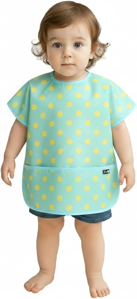 Plie Short Sleeve Waterproof Bib for Toddlers – Easy Clean Feeding Apron for Mealtime, Daycare, Self-Feeding, Lightweight