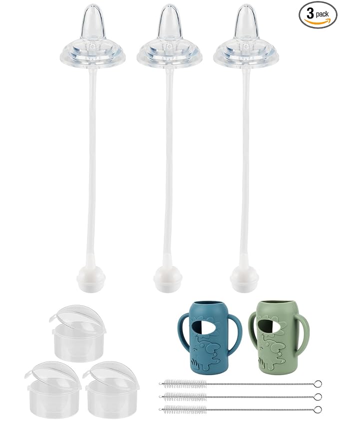 Sippy Straw Cup Conversion Kit with Silicone Sleeves for Dr. Brown's Narrow Glass Baby Bottle 4oz,Anti Breakage Baby Bottles Replacement Kit with Handle and Soft Sippy Spout,6m+,Set of 3