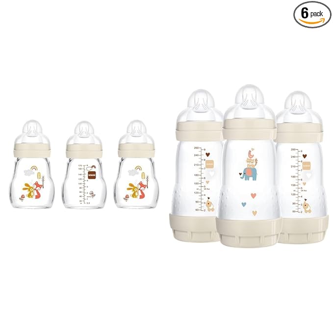 MAM Feel Good Glass Bottles and Anti-Colic Bottles Bundle, Premium 5oz 3 Pack and Easy Start 9oz 3 Pack