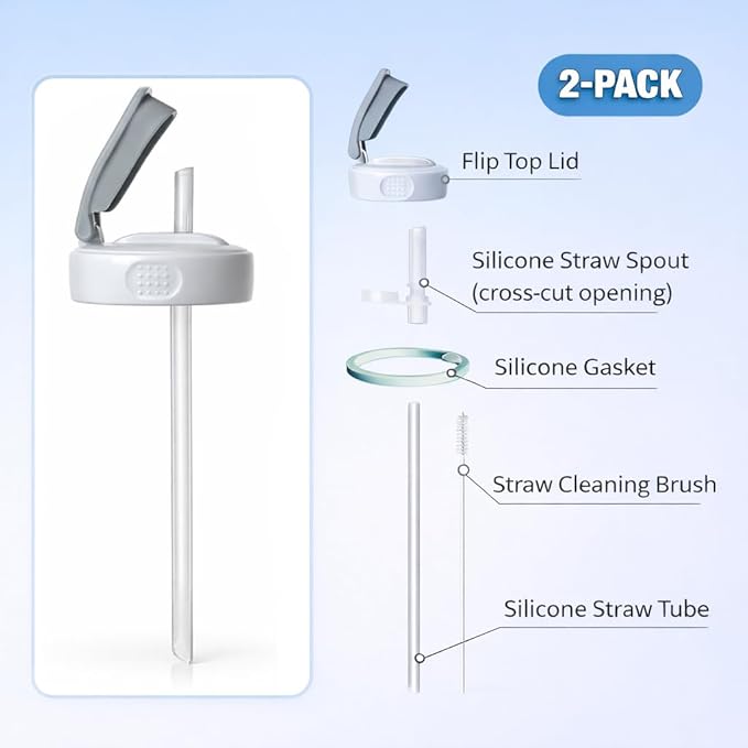 Flip Top Straw Lid for Lansinoh, Pigeon and Evenflow Wide Neck Baby Bottles, 2-Count, Cleaning Brush, Food Grade Silicone, BPA-Free, Spill and Leak Proof, Converts to Straw Bottle, 6+ Months