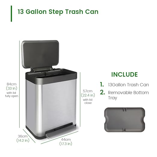 13 Gallon Trash Can, Large Kitchen Garbage Can with Lid, Stainless Steel Trash Bin Liner Free, Step Peal Garbage Bin, Metal Trash Can with Soft Closed&Stay Open Lid, 50 Liter, Silver