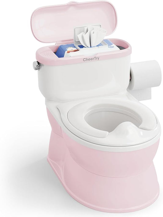 CheerTry 2-in-1 Toddler Potty Training Toilet - with Detachable Training Seat, Realistic Flushing Sound for Boys & Girls Ages 1-3 with Wipes Storage, Toilet Paper Holder