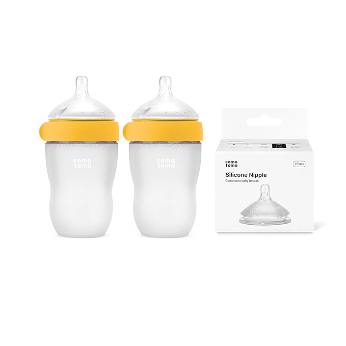 Silicone Baby Bottles Anti Colic Feeding Bundle – Comotomo Gen 2 8oz Baby Bottle Set (2 Pack Yellow) + Fast Flow Replacement Nipples – Breast Like Silicone Bottle for Bottle Feeding Babies