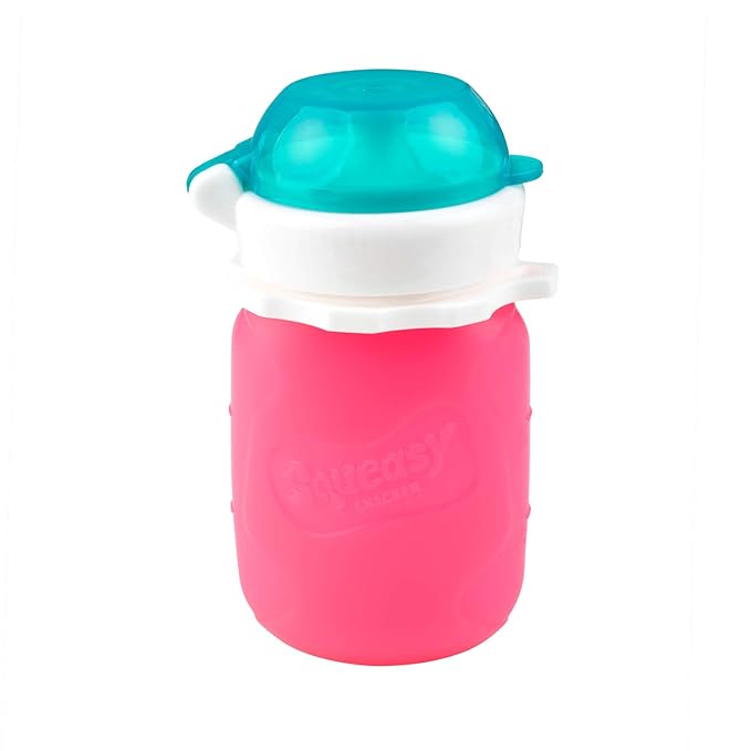 Pink 3.5 oz Squeasy Snacker Spill Proof Silicone Reusable Food Pouch - for Both Soft Foods and Liquids - Water, Apple Sauce, Yogurt, Smoothies, Baby Food - Dishwasher Safe