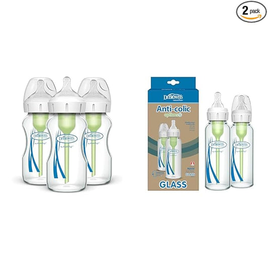 Dr. Brown's Natural Flow Anti-Colic Options+ Wide-Neck Glass Baby Bottles 9 oz/270 mL & Natural Flow Anti-Colic Options+ Narrow Glass Baby Bottle 8 oz/250 mL
