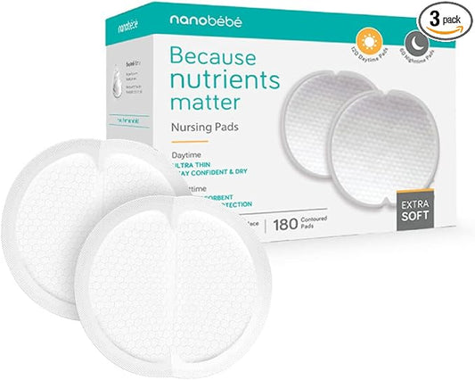 Nanobébé Disposable Nursing Pads Multipack – 120 Days and 60 Nights Ultra Thin & Extra Absorbent Vented Leak Proof Nursing Essentials, Individually Wrapped (180 Count)