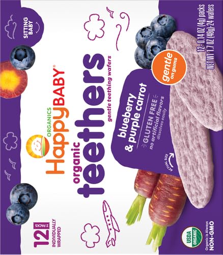 Happy Baby Gentle Teethers Organic Teething Wafers Blueberry Purple Carrot, 0.14 Ounce Packets (Box of 12) Soothing Rice Cookies for Teething Babies Dissolves Easily, Gluten Free No Artificial Flavor